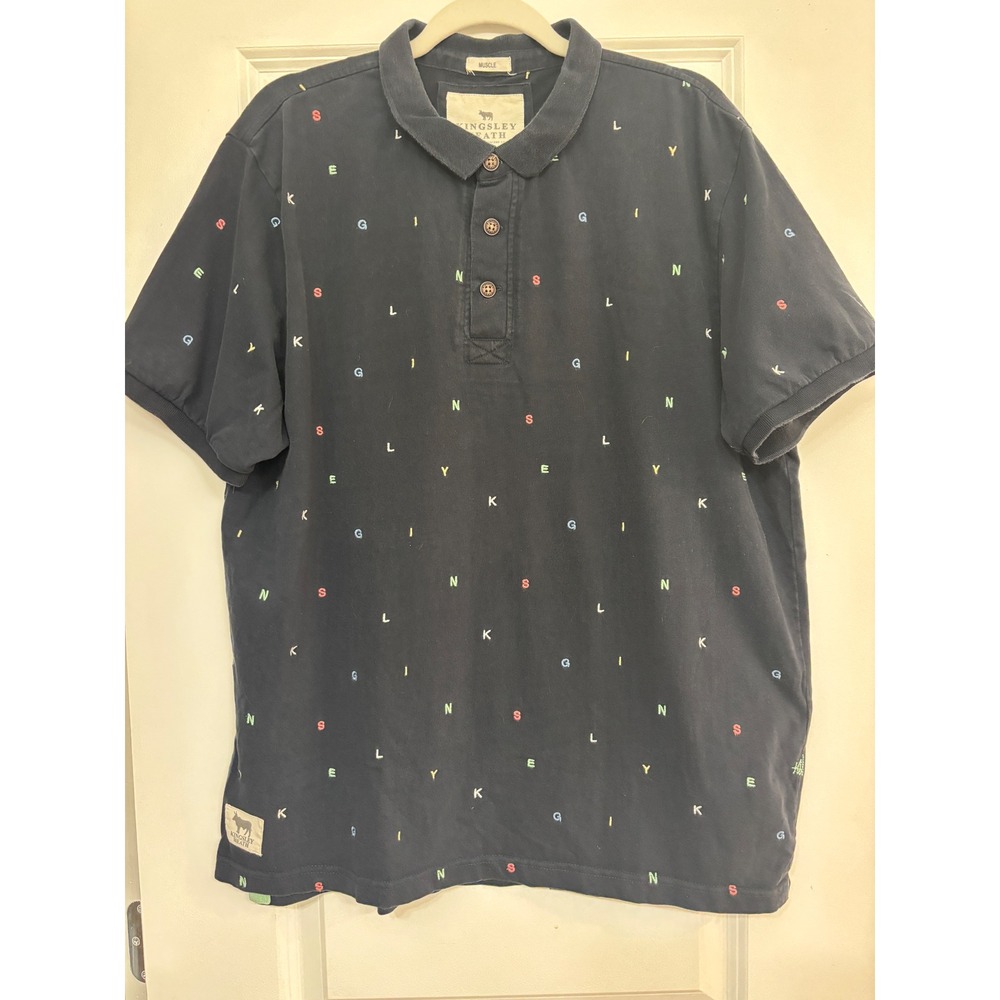 Kingsley Heath Mens XXL Navy Blue Embroidered Letter Muscle Fit Polo Shirt 1/300